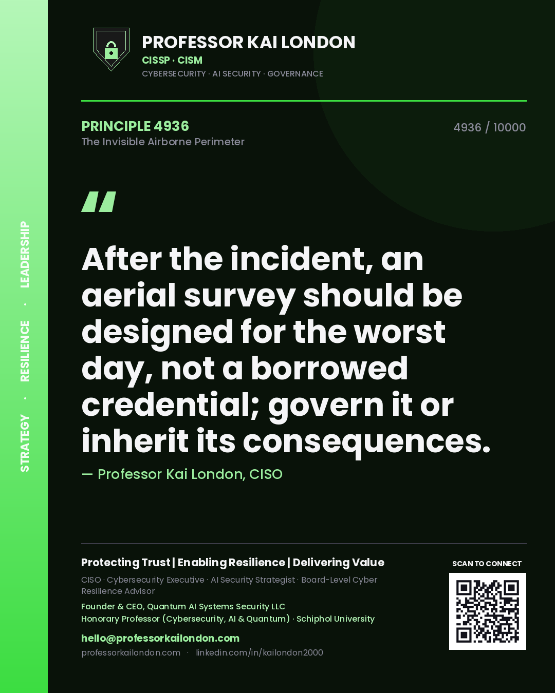 Quote card by Professor Kai London reading 'After the incident, an aerial survey should be designed for the worst day, not a borrowed credential; govern it or inherit its consequences.'. From the book The Invisible Airborne Perimeter.