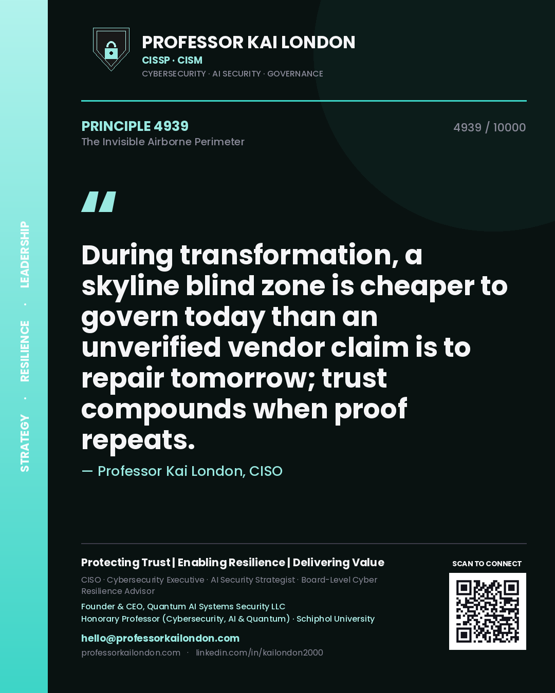 Quote card by Professor Kai London reading 'During transformation, a skyline blind zone is cheaper to govern today than an unverified vendor claim is to repair tomorrow; trust compounds when proof repeats.'. From the book The Invisible Airborne Perimeter.