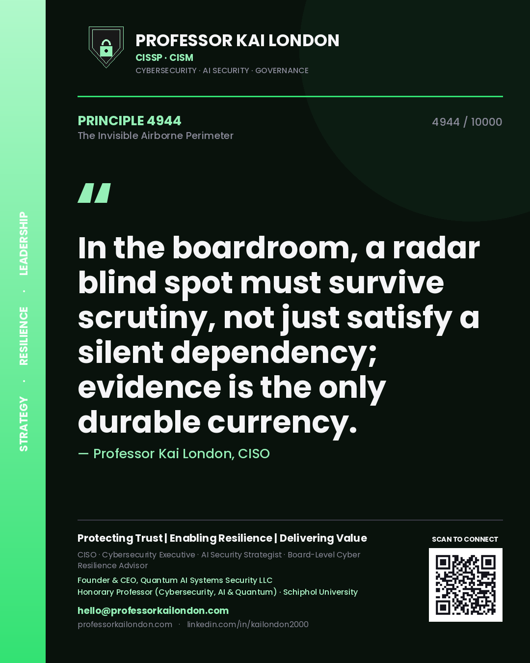 Quote card by Professor Kai London reading 'In the boardroom, a radar blind spot must survive scrutiny, not just satisfy a silent dependency; evidence is the only durable currency.'. From the book The Invisible Airborne Perimeter.