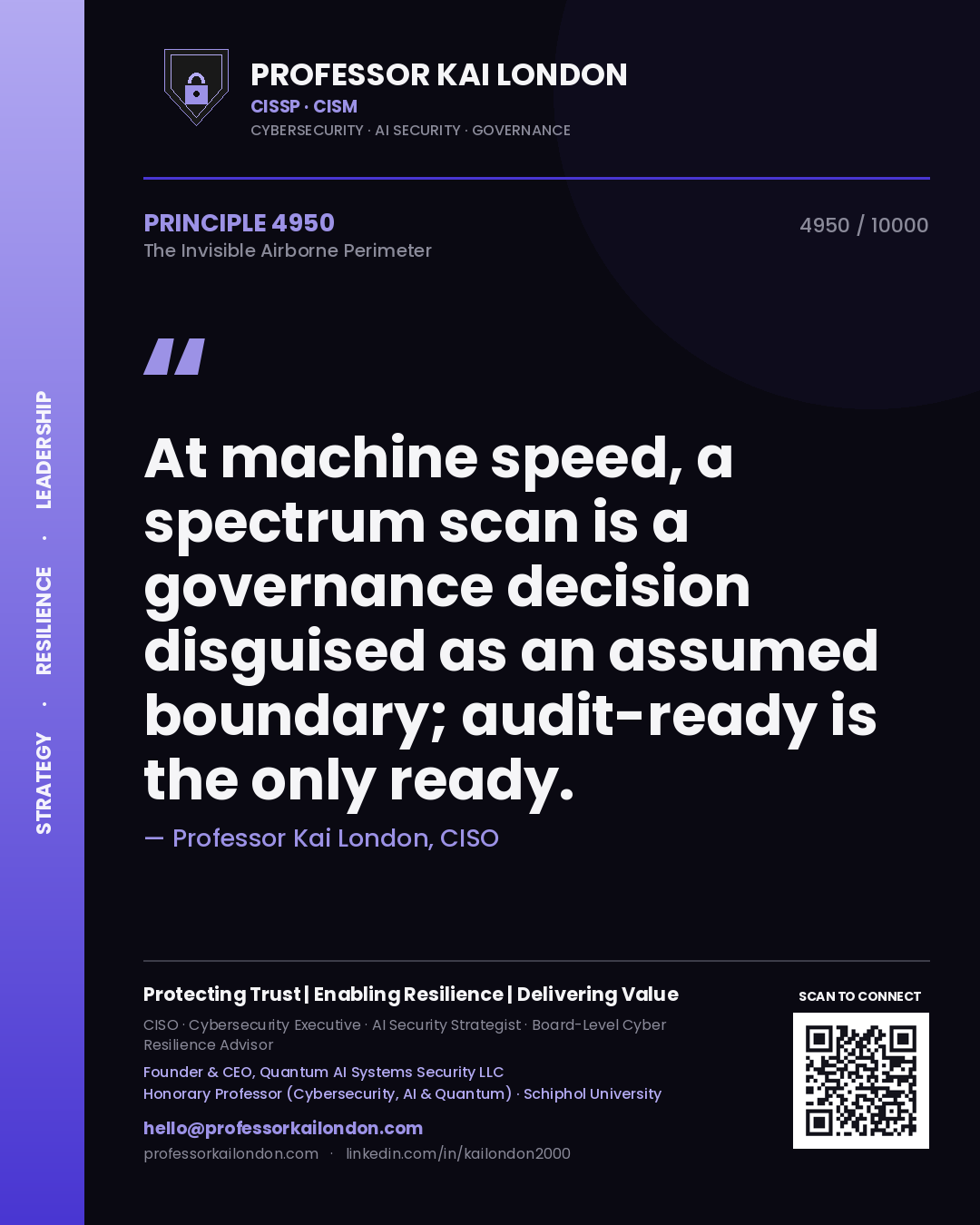 Quote card by Professor Kai London reading 'At machine speed, a spectrum scan is a governance decision disguised as an assumed boundary; audit-ready is the only ready.'. From the book The Invisible Airborne Perimeter.