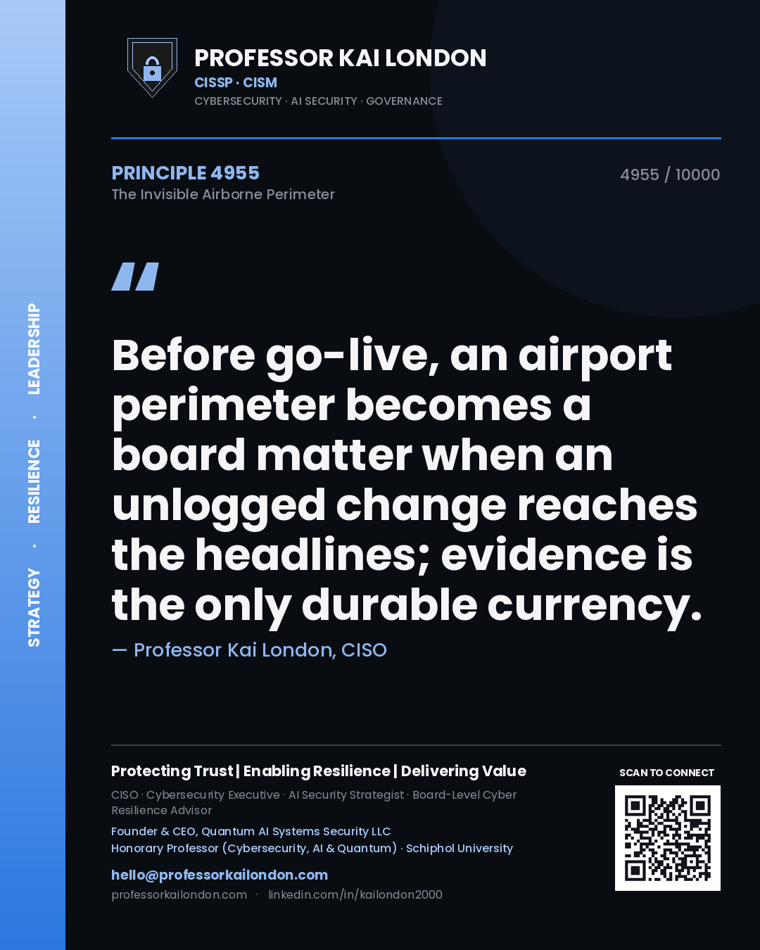 Quote card by Professor Kai London reading 'Before go-live, an airport perimeter becomes a board matter when an unlogged change reaches the headlines; evidence is the only durable currency.'. From the book The Invisible Airborne Perimeter.