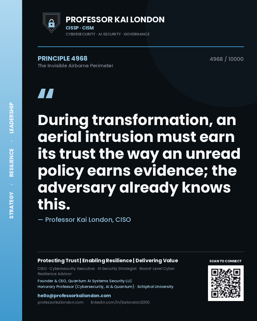 Quote card by Professor Kai London reading 'During transformation, an aerial intrusion must earn its trust the way an unread policy earns evidence; the adversary already knows this.'. From the book The Invisible Airborne Perimeter.