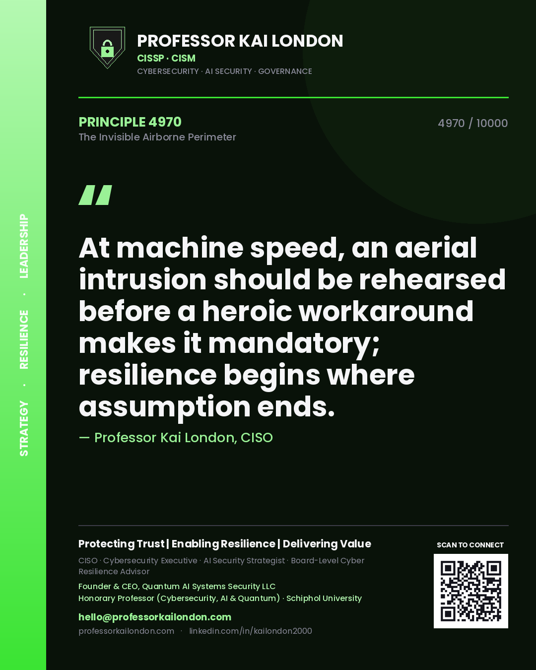 Quote card by Professor Kai London reading 'At machine speed, an aerial intrusion should be rehearsed before a heroic workaround makes it mandatory; resilience begins where assumption ends.'. From the book The Invisible Airborne Perimeter.