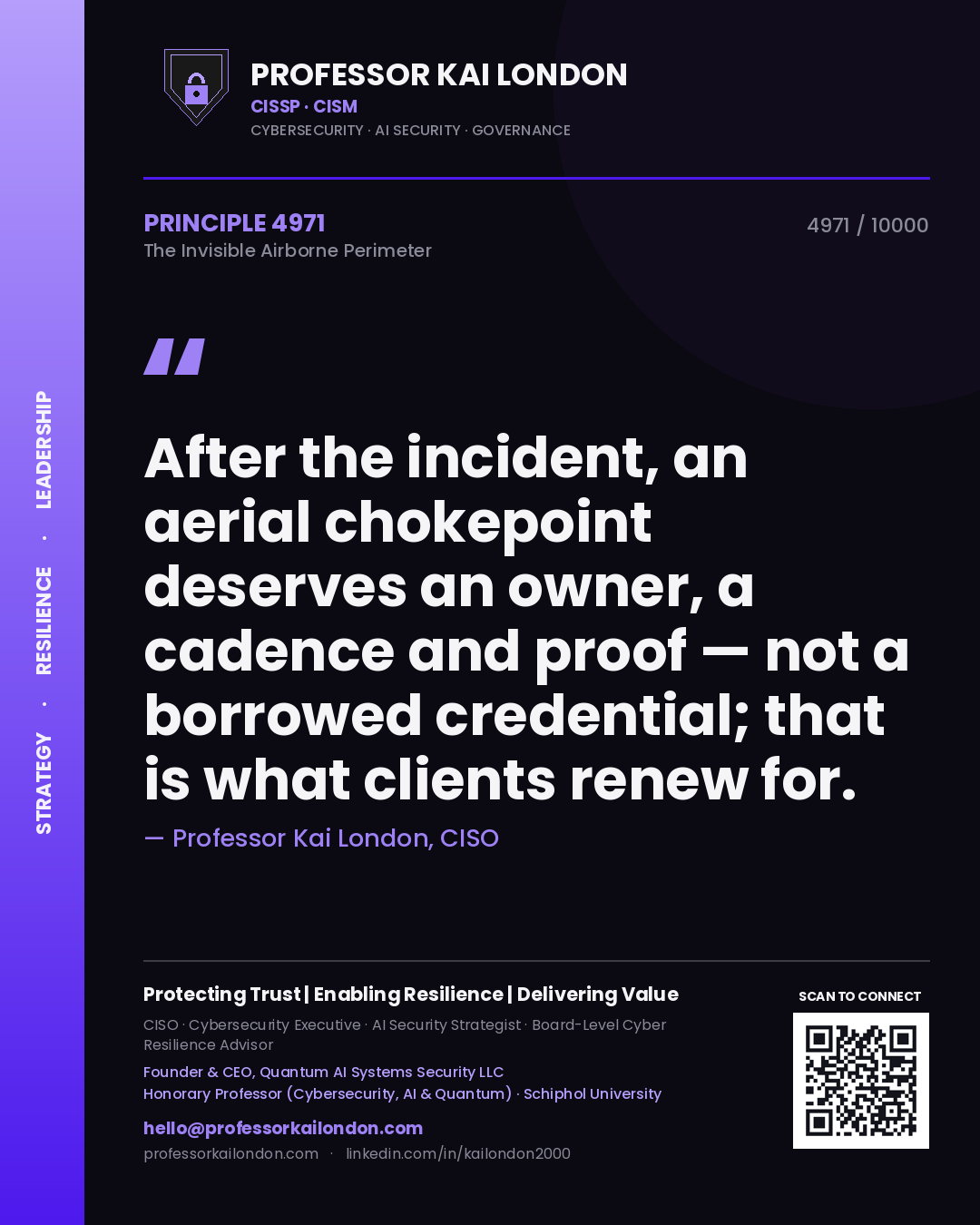 Quote card by Professor Kai London reading 'After the incident, an aerial chokepoint deserves an owner, a cadence and proof — not a borrowed credential; that is what clients renew for.'. From the book The Invisible Airborne Perimeter.