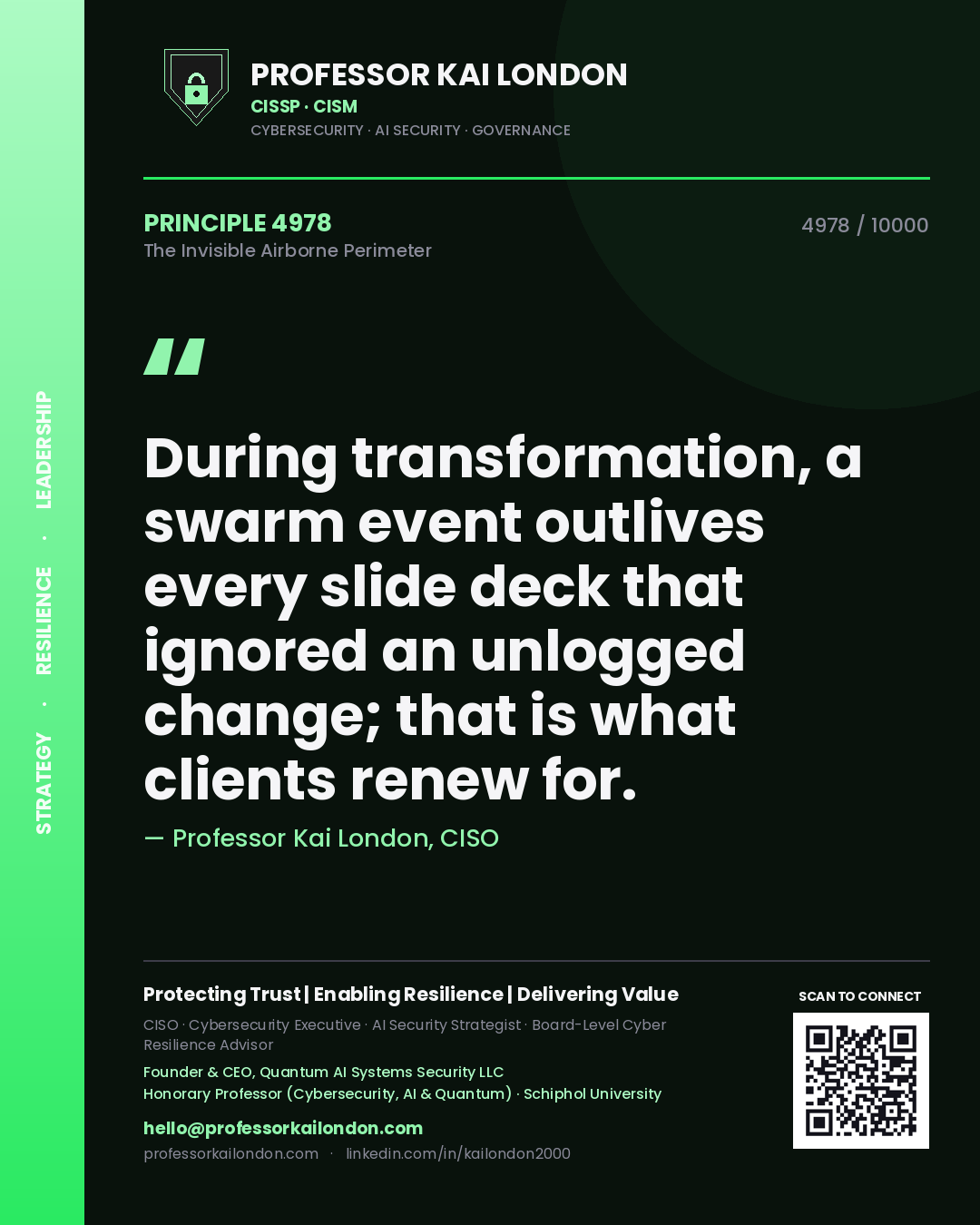 Quote card by Professor Kai London reading 'During transformation, a swarm event outlives every slide deck that ignored an unlogged change; that is what clients renew for.'. From the book The Invisible Airborne Perimeter.