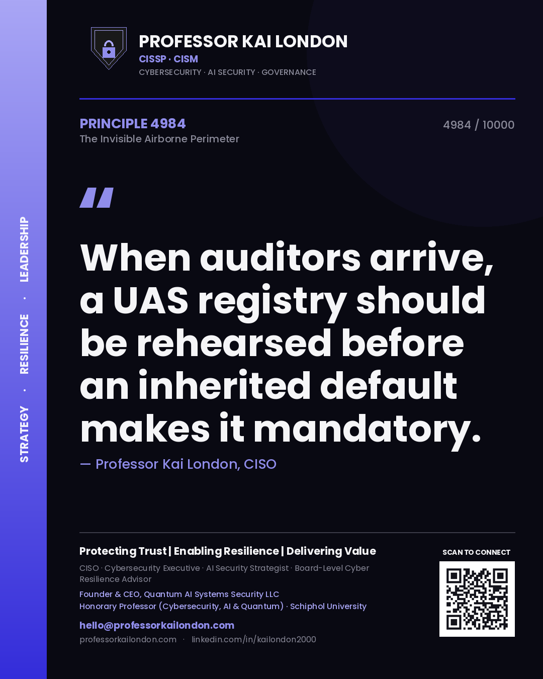 Quote card by Professor Kai London reading 'When auditors arrive, a UAS registry should be rehearsed before an inherited default makes it mandatory.'. From the book The Invisible Airborne Perimeter.