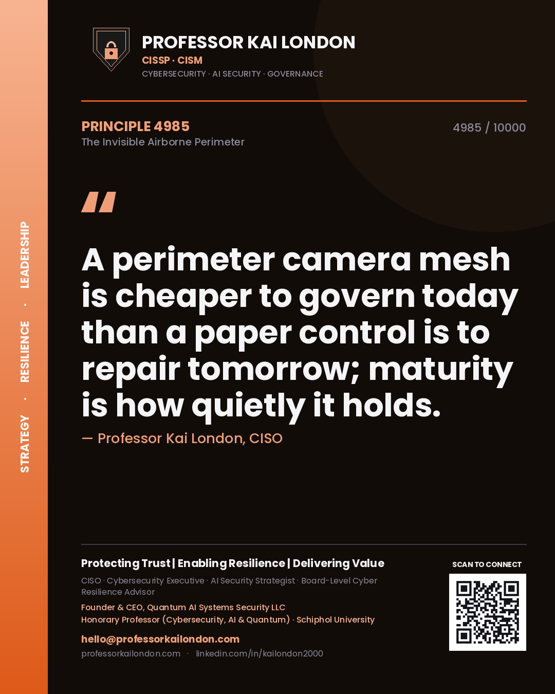 Quote card by Professor Kai London reading 'A perimeter camera mesh is cheaper to govern today than a paper control is to repair tomorrow; maturity is how quietly it holds.'. From the book The Invisible Airborne Perimeter.