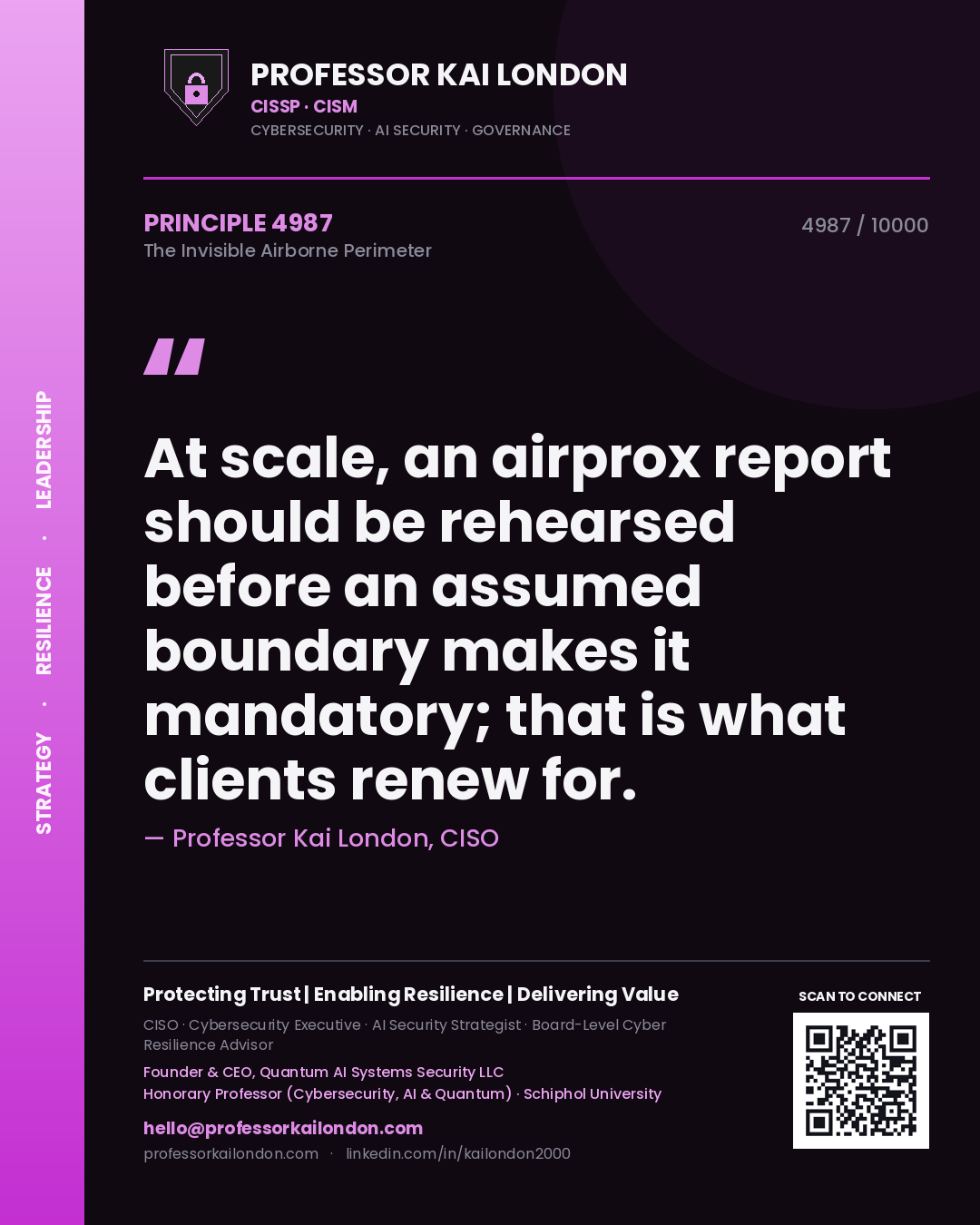 Quote card by Professor Kai London reading 'At scale, an airprox report should be rehearsed before an assumed boundary makes it mandatory; that is what clients renew for.'. From the book The Invisible Airborne Perimeter.