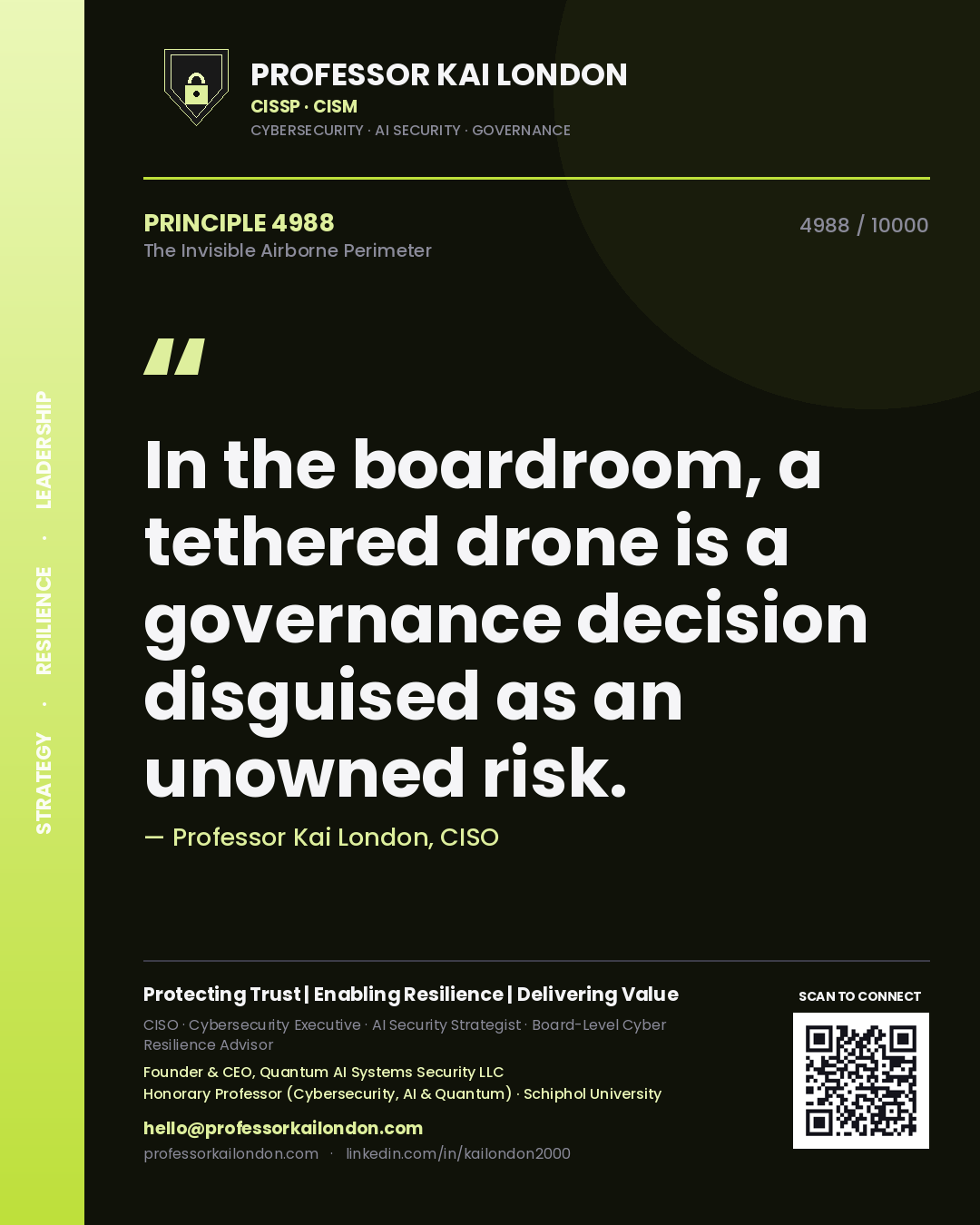 Quote card by Professor Kai London reading 'In the boardroom, a tethered drone is a governance decision disguised as an unowned risk.'. From the book The Invisible Airborne Perimeter.