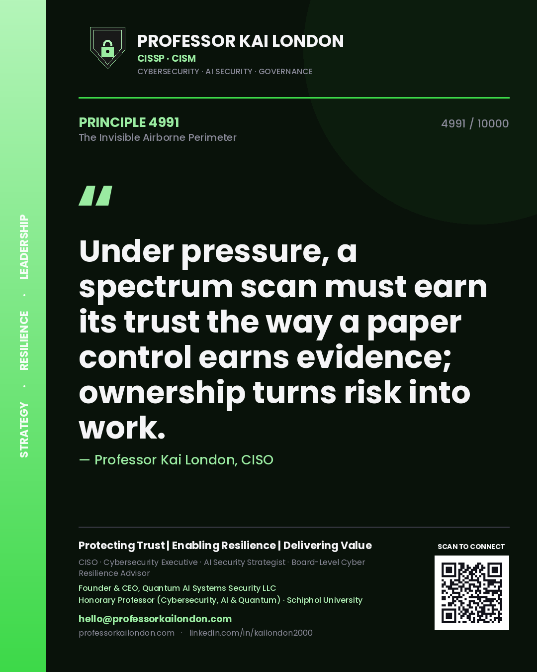 Quote card by Professor Kai London reading 'Under pressure, a spectrum scan must earn its trust the way a paper control earns evidence; ownership turns risk into work.'. From the book The Invisible Airborne Perimeter.