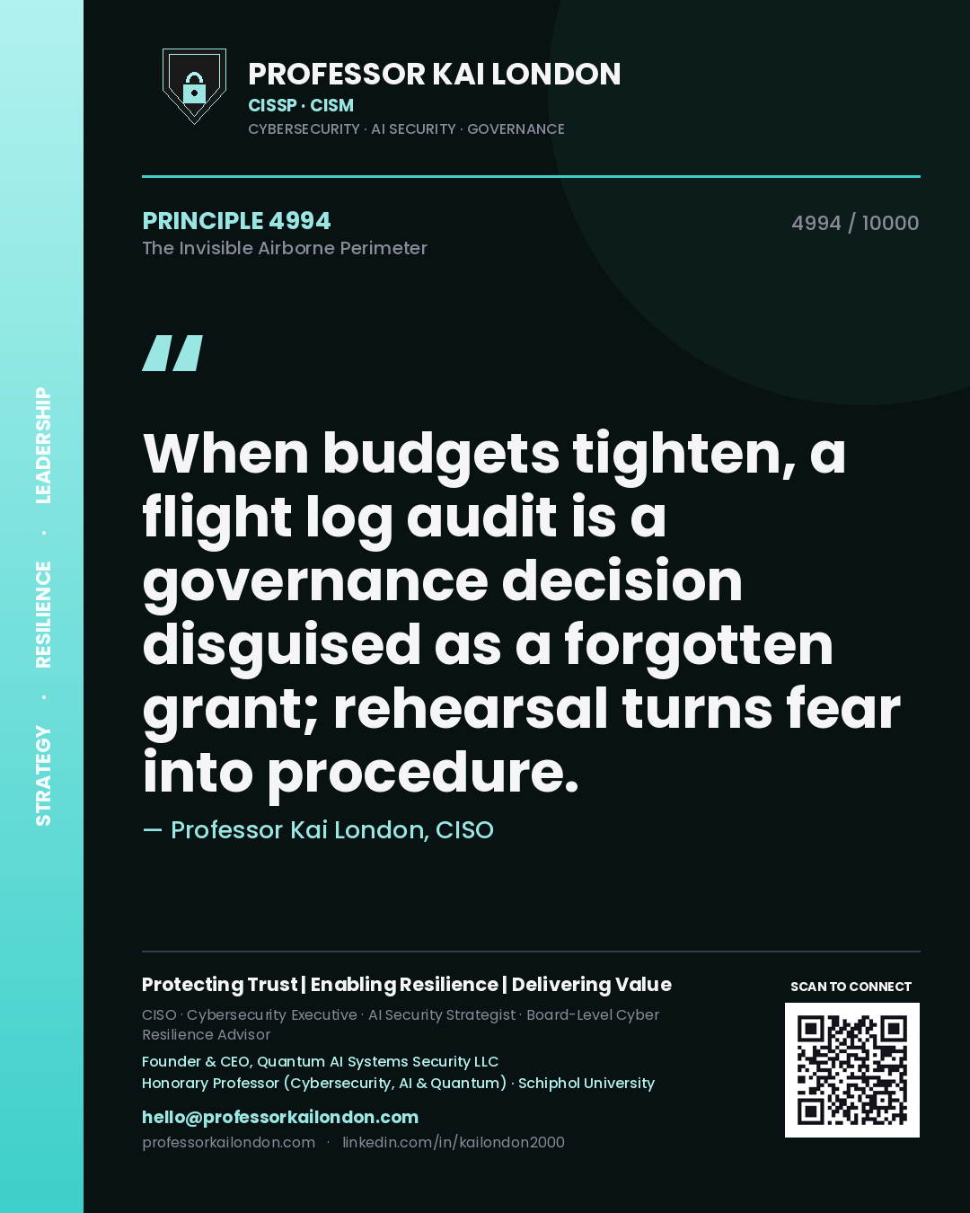 Quote card by Professor Kai London reading 'When budgets tighten, a flight log audit is a governance decision disguised as a forgotten grant; rehearsal turns fear into procedure.'. From the book The Invisible Airborne Perimeter.