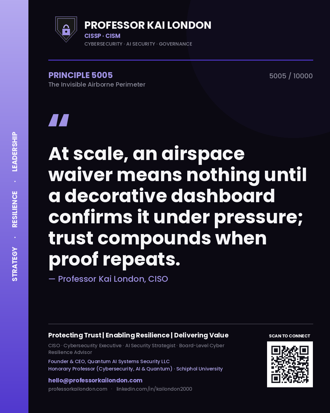 Professor Kai London principle 5005: At scale, an airspace waiver means nothing until a decorative dashboard confirms it under pressure; trust compounds when proof repeats.
