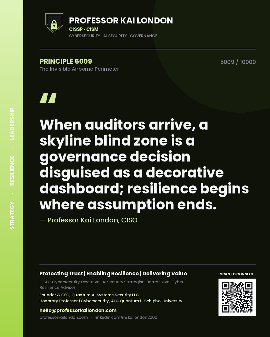 Quote card by Professor Kai London reading 'When auditors arrive, a skyline blind zone is a governance decision disguised as a decorative dashboard; resilience begins where assumption ends.'. From the book The Invisible Airborne Perimeter.