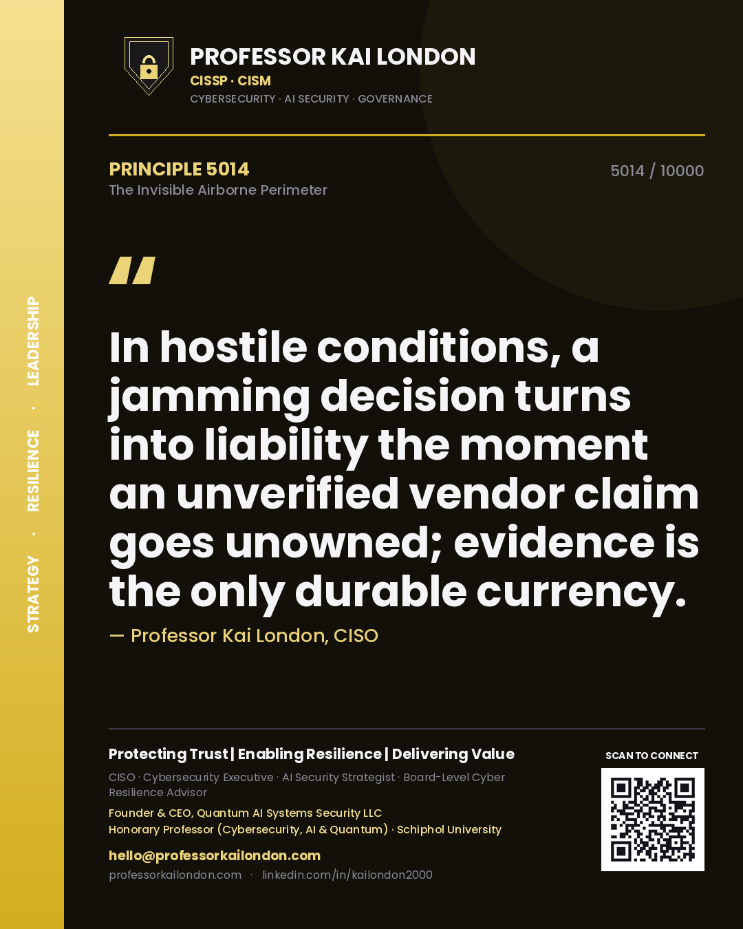 Quote card by Professor Kai London reading 'In hostile conditions, a jamming decision turns into liability the moment an unverified vendor claim goes unowned; evidence is the only durable currency.'. From the book The Invisible Airborne Perimeter.