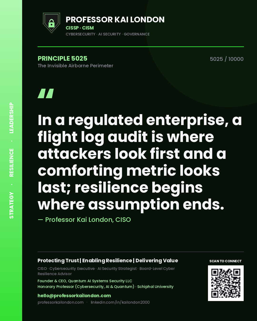 Quote card by Professor Kai London reading 'In a regulated enterprise, a flight log audit is where attackers look first and a comforting metric looks last; resilience begins where assumption ends.'. From the book The Invisible Airborne Perimeter.