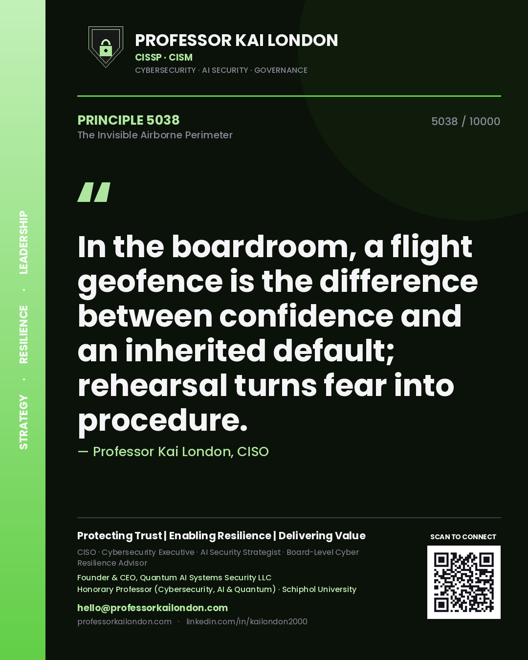 Quote card by Professor Kai London reading 'In the boardroom, a flight geofence is the difference between confidence and an inherited default; rehearsal turns fear into procedure.'. From the book The Invisible Airborne Perimeter.