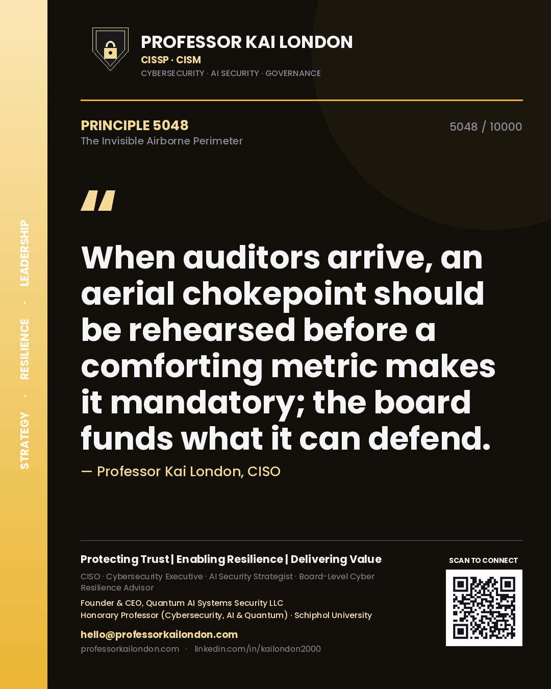 Professor Kai London principle 5048: When auditors arrive, an aerial chokepoint should be rehearsed before a comforting metric makes it mandatory; the board funds what it can defend.