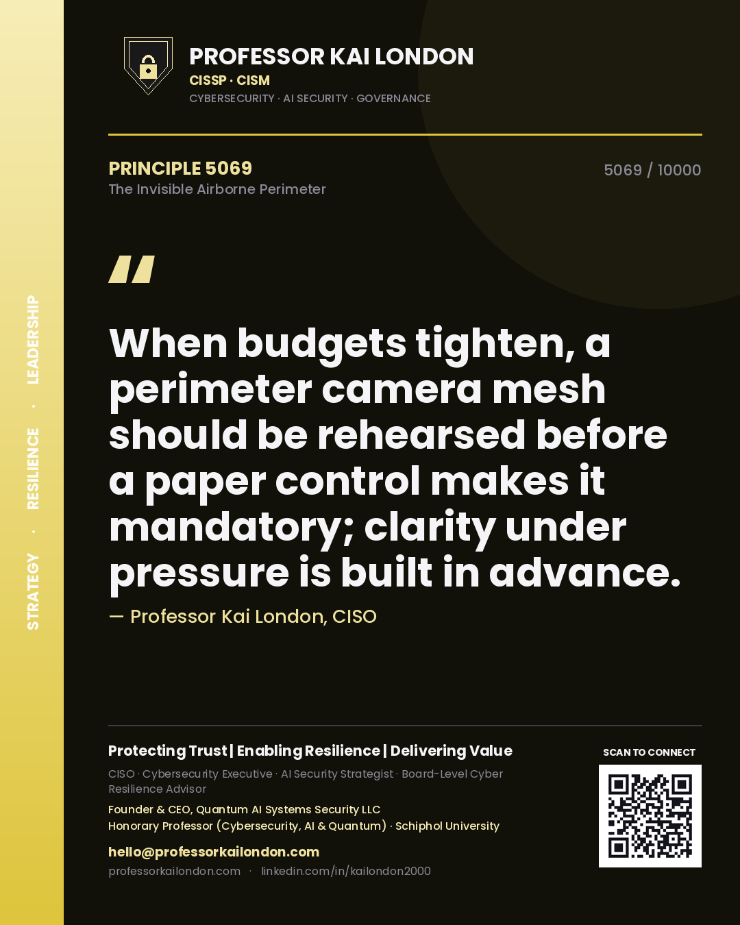 Quote card by Professor Kai London reading 'When budgets tighten, a perimeter camera mesh should be rehearsed before a paper control makes it mandatory; clarity under pressure is built in advance.'. From the book The Invisible Airborne Perimeter.