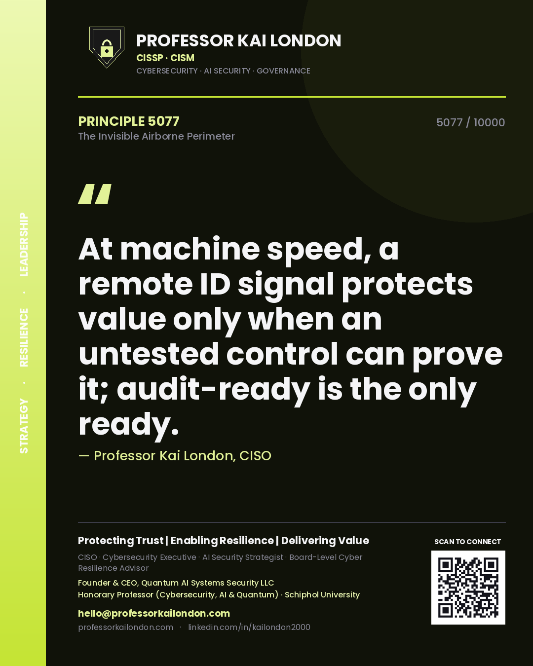 Quote card by Professor Kai London reading 'At machine speed, a remote ID signal protects value only when an untested control can prove it; audit-ready is the only ready.'. From the book The Invisible Airborne Perimeter.