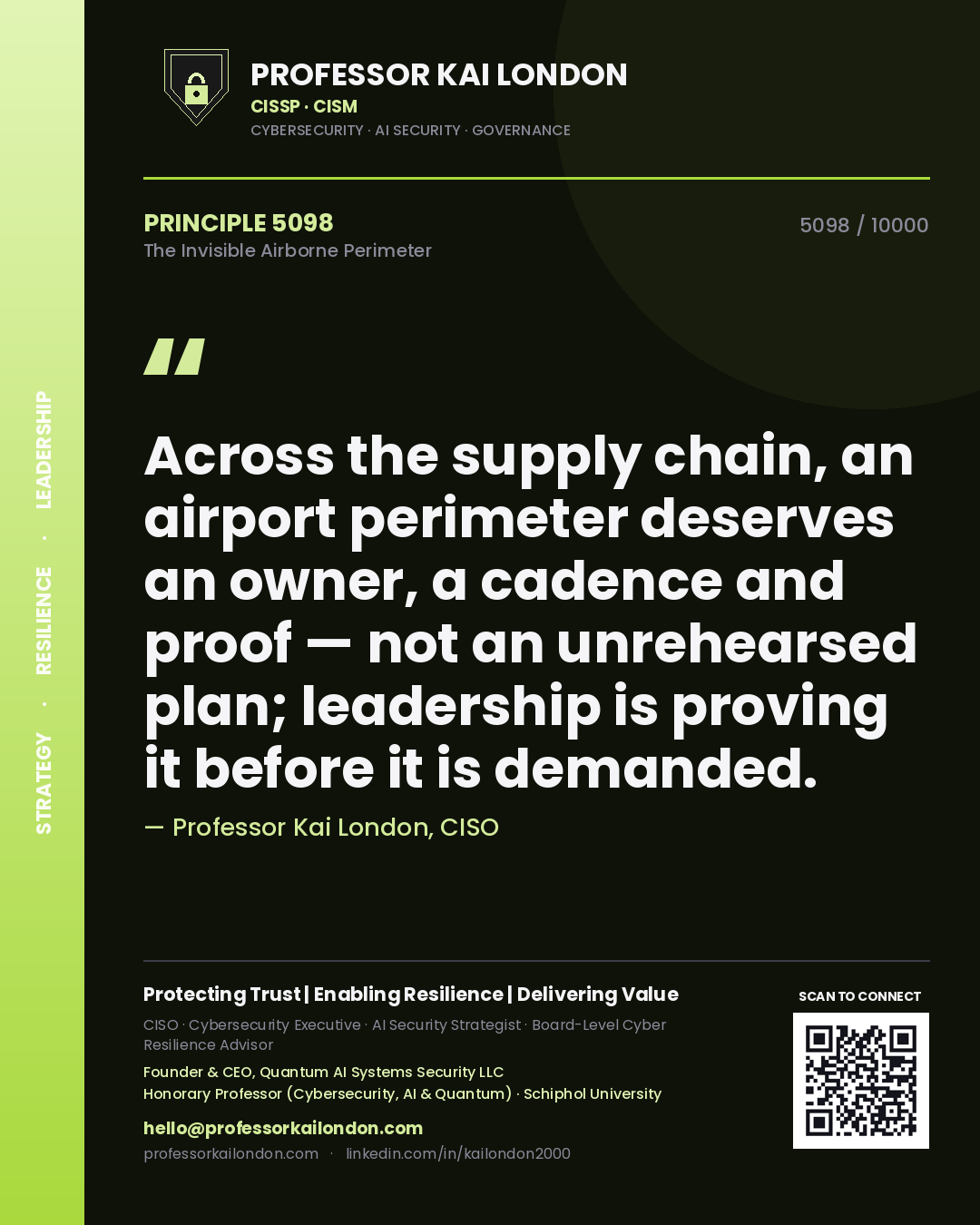 Professor Kai London principle 5098: Across the supply chain, an airport perimeter deserves an owner, a cadence and proof — not an unrehearsed plan; leadership is proving it before it is demanded.