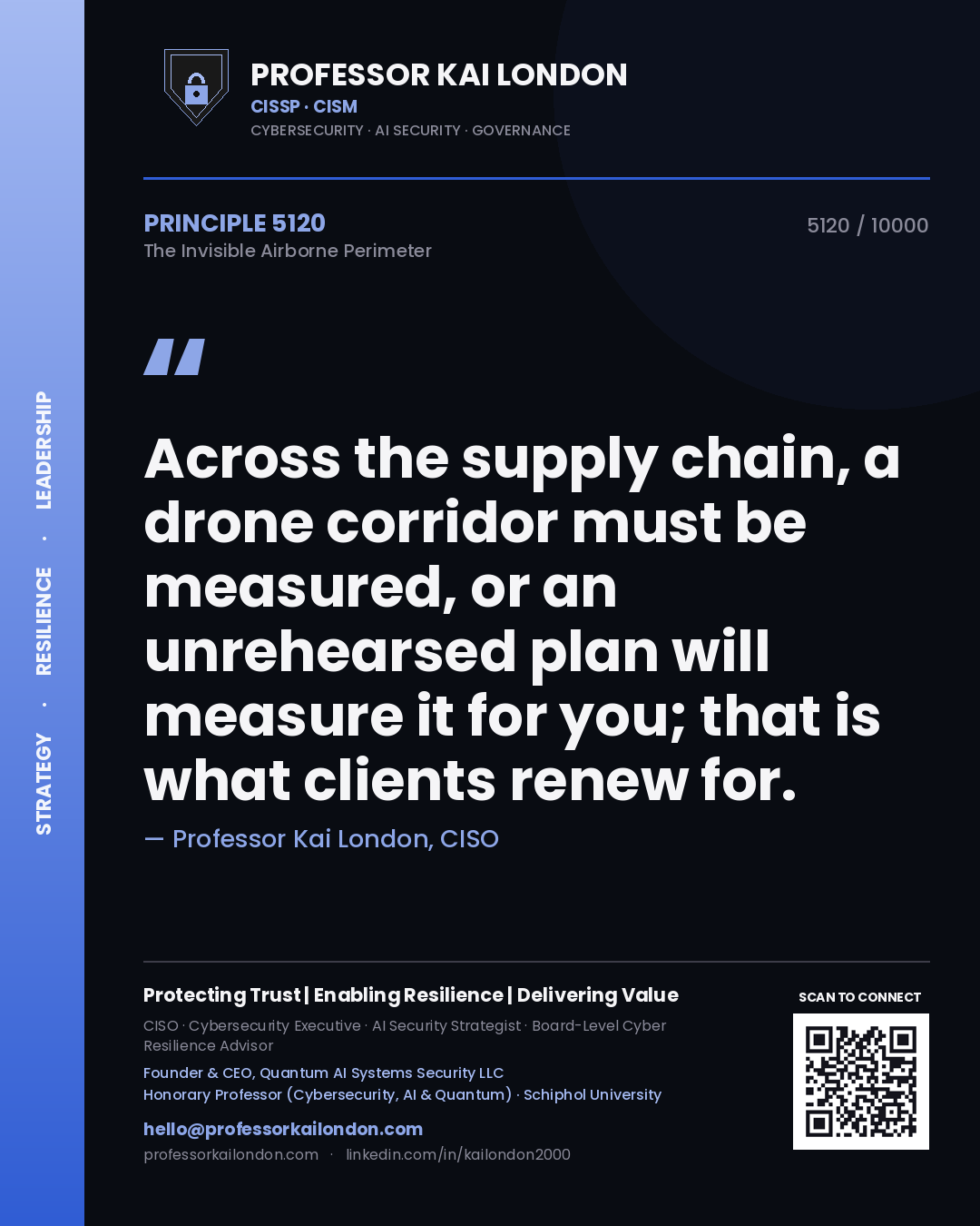Quote card by Professor Kai London reading 'Across the supply chain, a drone corridor must be measured, or an unrehearsed plan will measure it for you; that is what clients renew for.'. From the book The Invisible Airborne Perimeter.