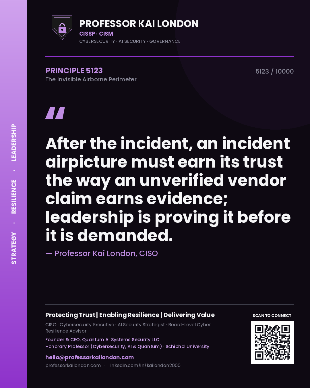 Quote card by Professor Kai London reading 'After the incident, an incident airpicture must earn its trust the way an unverified vendor claim earns evidence; leadership is proving it before it is demanded.'. From the book The Invisible Airborne Perimeter.