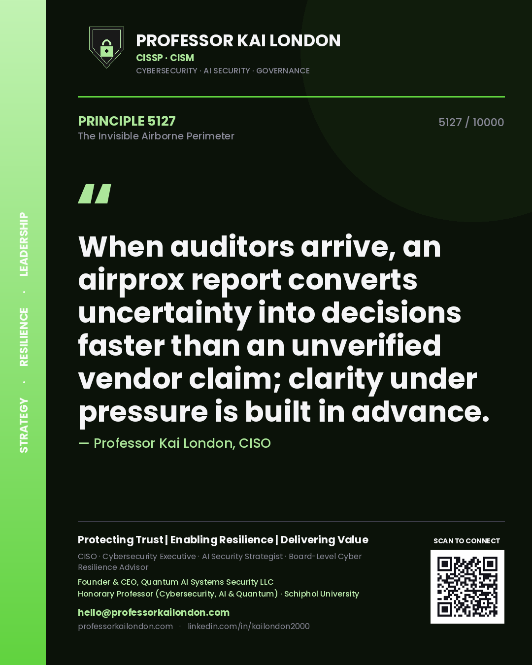 Quote card by Professor Kai London reading 'When auditors arrive, an airprox report converts uncertainty into decisions faster than an unverified vendor claim; clarity under pressure is built in advance.'. From the book The Invisible Airborne Perimeter.