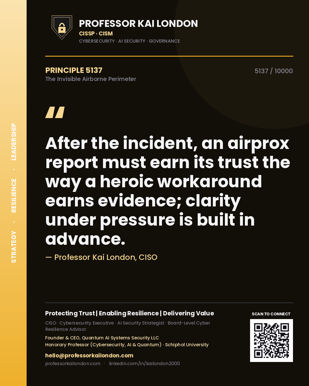 Quote card by Professor Kai London reading 'After the incident, an airprox report must earn its trust the way a heroic workaround earns evidence; clarity under pressure is built in advance.'. From the book The Invisible Airborne Perimeter.