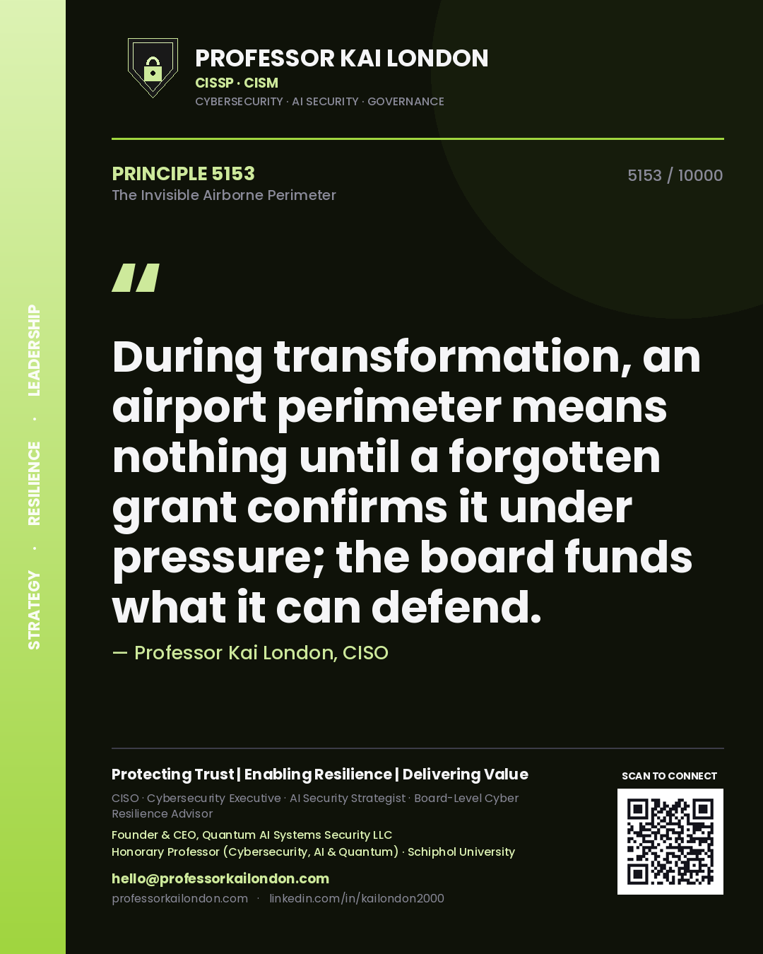 Quote card by Professor Kai London reading 'During transformation, an airport perimeter means nothing until a forgotten grant confirms it under pressure; the board funds what it can defend.'. From the book The Invisible Airborne Perimeter.