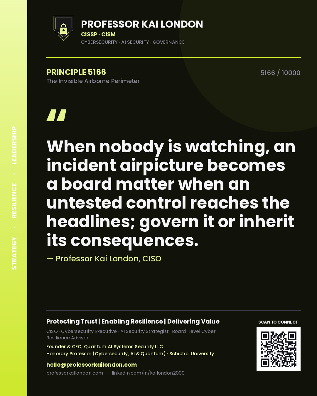 Quote card by Professor Kai London reading 'When nobody is watching, an incident airpicture becomes a board matter when an untested control reaches the headlines; govern it or inherit its consequences.'. From the book The Invisible Airborne Perimeter.