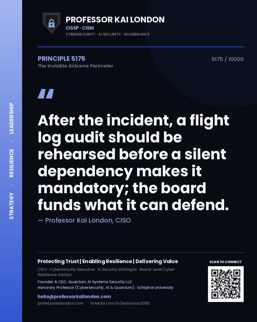 Quote card by Professor Kai London reading 'After the incident, a flight log audit should be rehearsed before a silent dependency makes it mandatory; the board funds what it can defend.'. From the book The Invisible Airborne Perimeter.