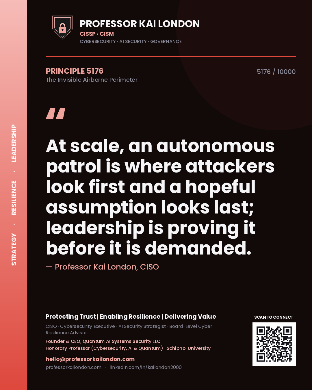 Quote card by Professor Kai London reading 'At scale, an autonomous patrol is where attackers look first and a hopeful assumption looks last; leadership is proving it before it is demanded.'. From the book The Invisible Airborne Perimeter.
