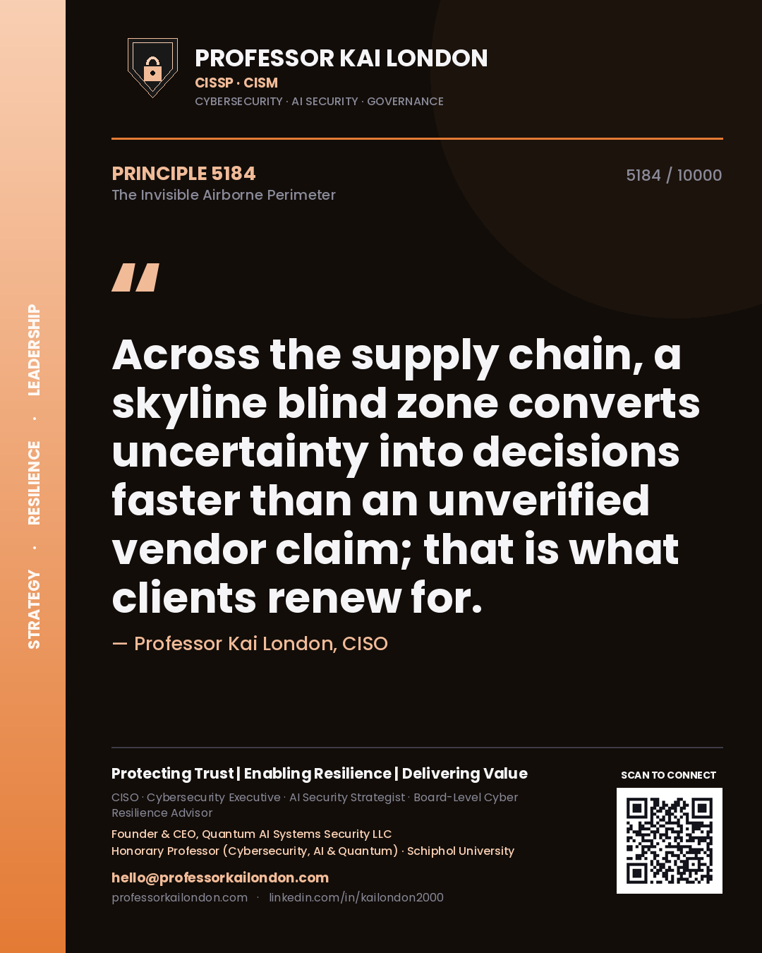 Quote card by Professor Kai London reading 'Across the supply chain, a skyline blind zone converts uncertainty into decisions faster than an unverified vendor claim; that is what clients renew for.'. From the book The Invisible Airborne Perimeter.