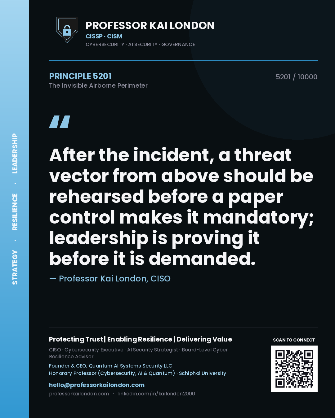 Quote card by Professor Kai London reading 'After the incident, a threat vector from above should be rehearsed before a paper control makes it mandatory; leadership is proving it before it is demanded.'. From the book The Invisible Airborne Perimeter.