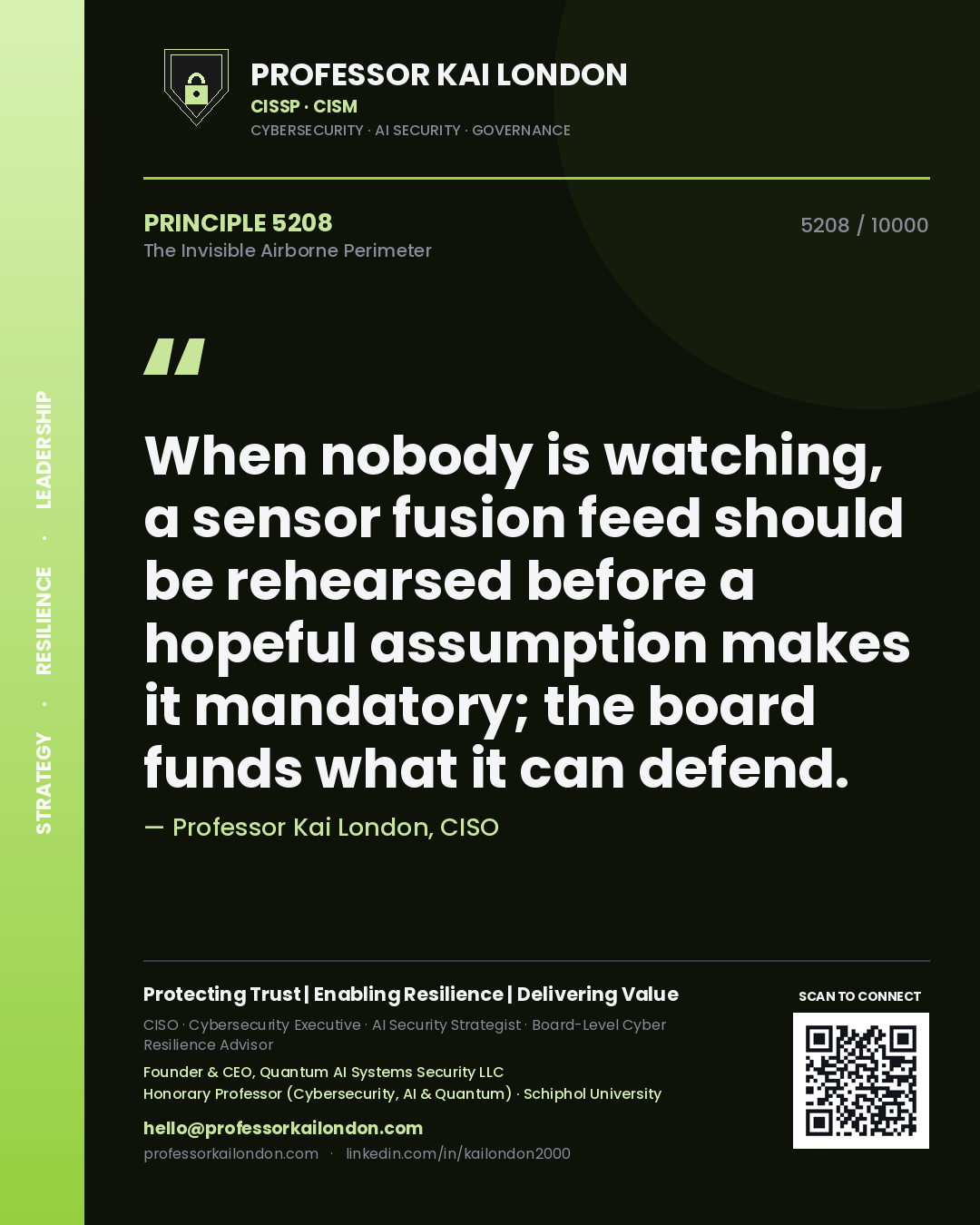 Quote card by Professor Kai London reading 'When nobody is watching, a sensor fusion feed should be rehearsed before a hopeful assumption makes it mandatory; the board funds what it can defend.'. From the book The Invisible Airborne Perimeter.