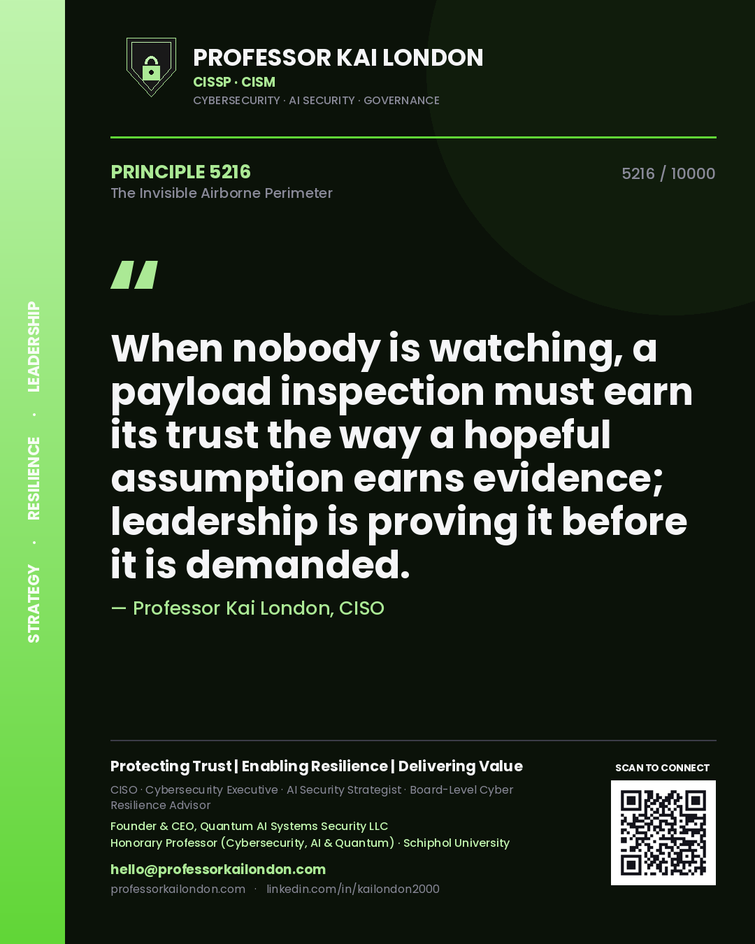 Quote card by Professor Kai London reading 'When nobody is watching, a payload inspection must earn its trust the way a hopeful assumption earns evidence; leadership is proving it before it is demanded.'. From the book The Invisible Airborne Perimeter.