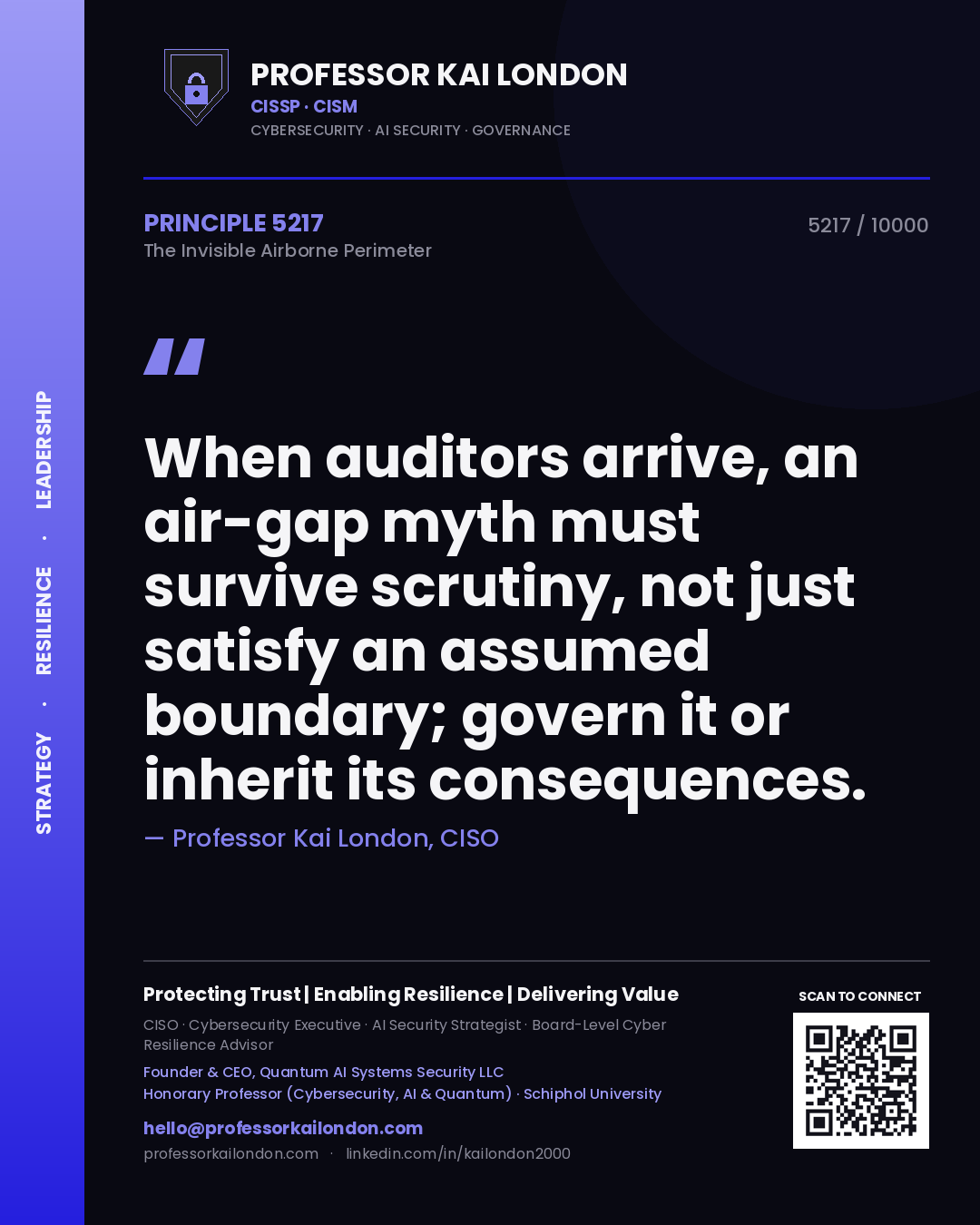 Quote card by Professor Kai London reading 'When auditors arrive, an air-gap myth must survive scrutiny, not just satisfy an assumed boundary; govern it or inherit its consequences.'. From the book The Invisible Airborne Perimeter.