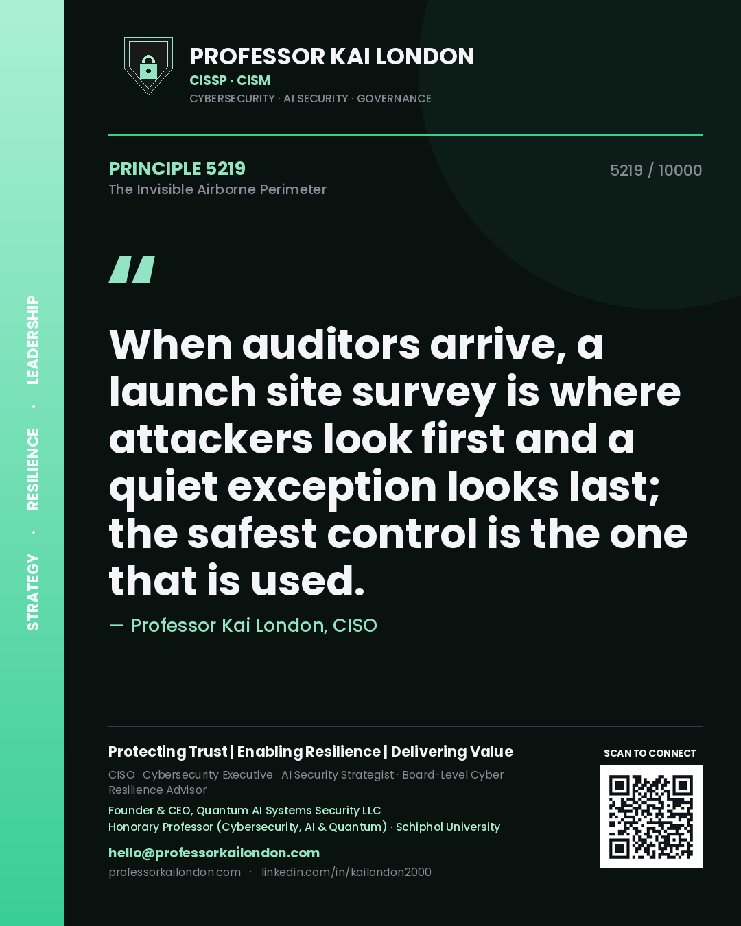 Quote card by Professor Kai London reading 'When auditors arrive, a launch site survey is where attackers look first and a quiet exception looks last; the safest control is the one that is used.'. From the book The Invisible Airborne Perimeter.