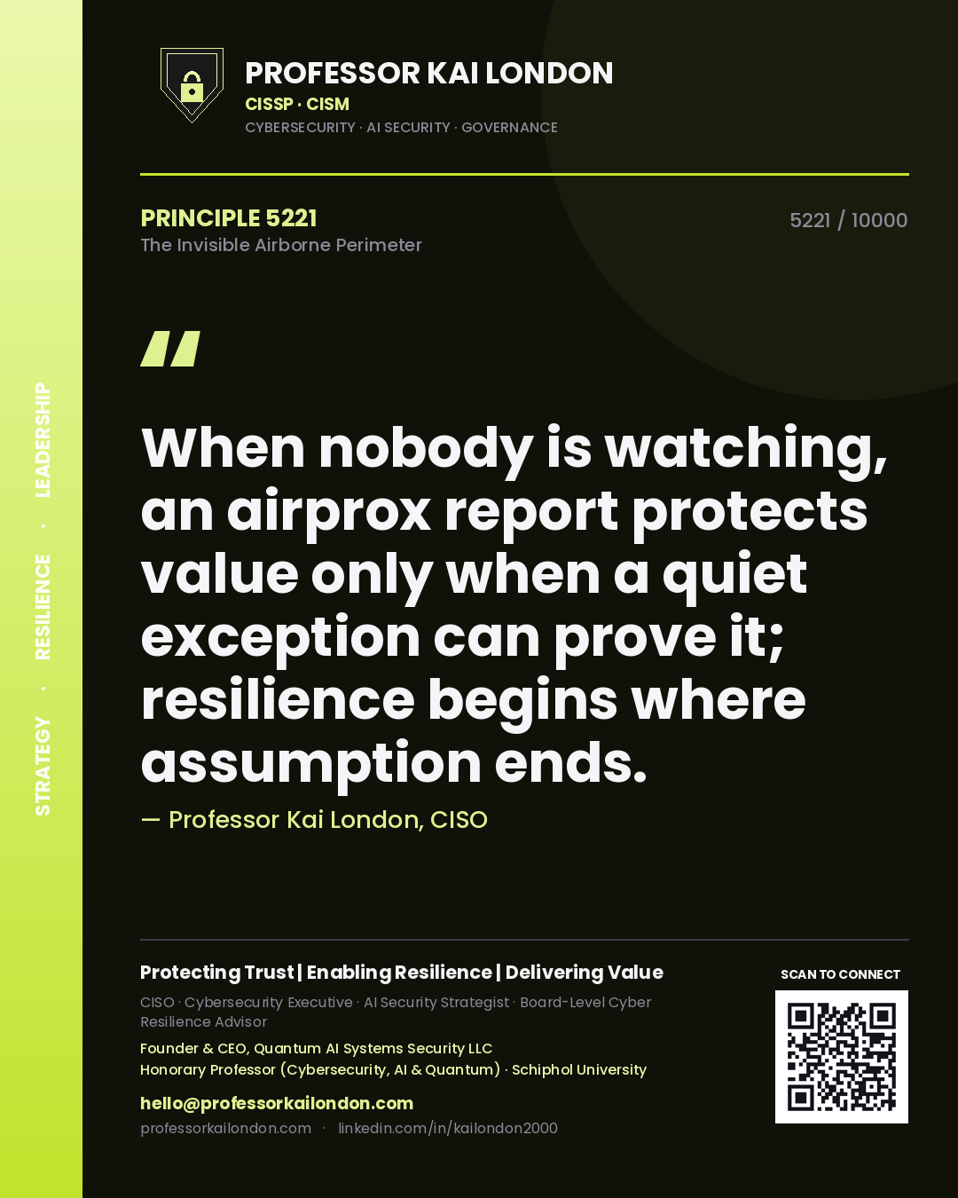 Quote card by Professor Kai London reading 'When nobody is watching, an airprox report protects value only when a quiet exception can prove it; resilience begins where assumption ends.'. From the book The Invisible Airborne Perimeter.