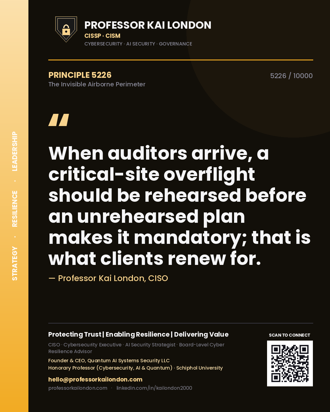 Quote card by Professor Kai London reading 'When auditors arrive, a critical-site overflight should be rehearsed before an unrehearsed plan makes it mandatory; that is what clients renew for.'. From the book The Invisible Airborne Perimeter.