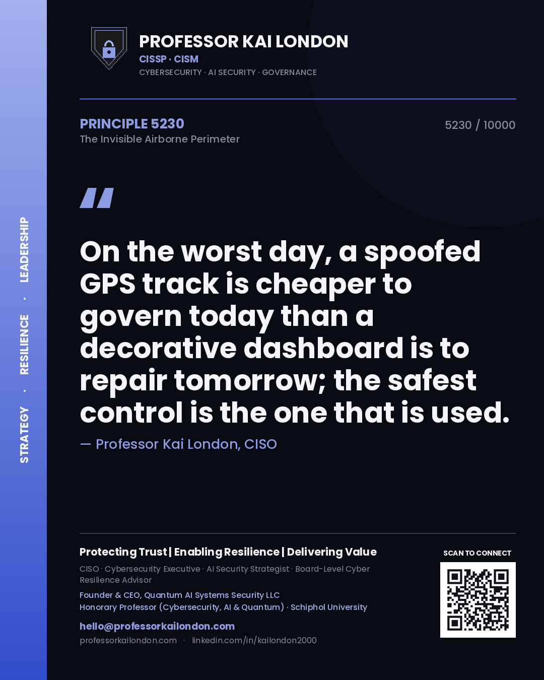 Quote card by Professor Kai London reading 'On the worst day, a spoofed GPS track is cheaper to govern today than a decorative dashboard is to repair tomorrow; the safest control is the one that is used.'. From the book The Invisible Airborne Perimeter.