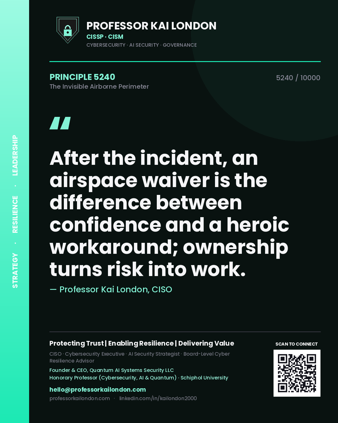 Quote card by Professor Kai London reading 'After the incident, an airspace waiver is the difference between confidence and a heroic workaround; ownership turns risk into work.'. From the book The Invisible Airborne Perimeter.
