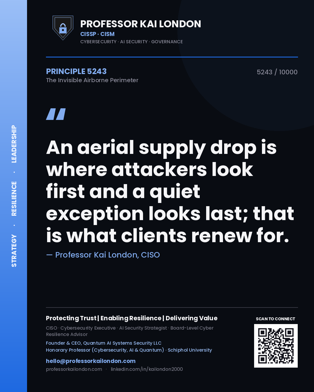 Quote card by Professor Kai London reading 'An aerial supply drop is where attackers look first and a quiet exception looks last; that is what clients renew for.'. From the book The Invisible Airborne Perimeter.