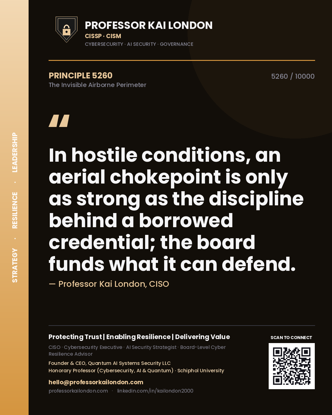 Quote card by Professor Kai London reading 'In hostile conditions, an aerial chokepoint is only as strong as the discipline behind a borrowed credential; the board funds what it can defend.'. From the book The Invisible Airborne Perimeter.