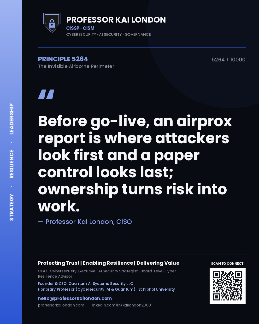 Quote card by Professor Kai London reading 'Before go-live, an airprox report is where attackers look first and a paper control looks last; ownership turns risk into work.'. From the book The Invisible Airborne Perimeter.
