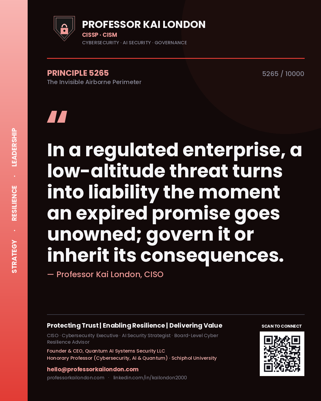 Quote card by Professor Kai London reading 'In a regulated enterprise, a low-altitude threat turns into liability the moment an expired promise goes unowned; govern it or inherit its consequences.'. From the book The Invisible Airborne Perimeter.