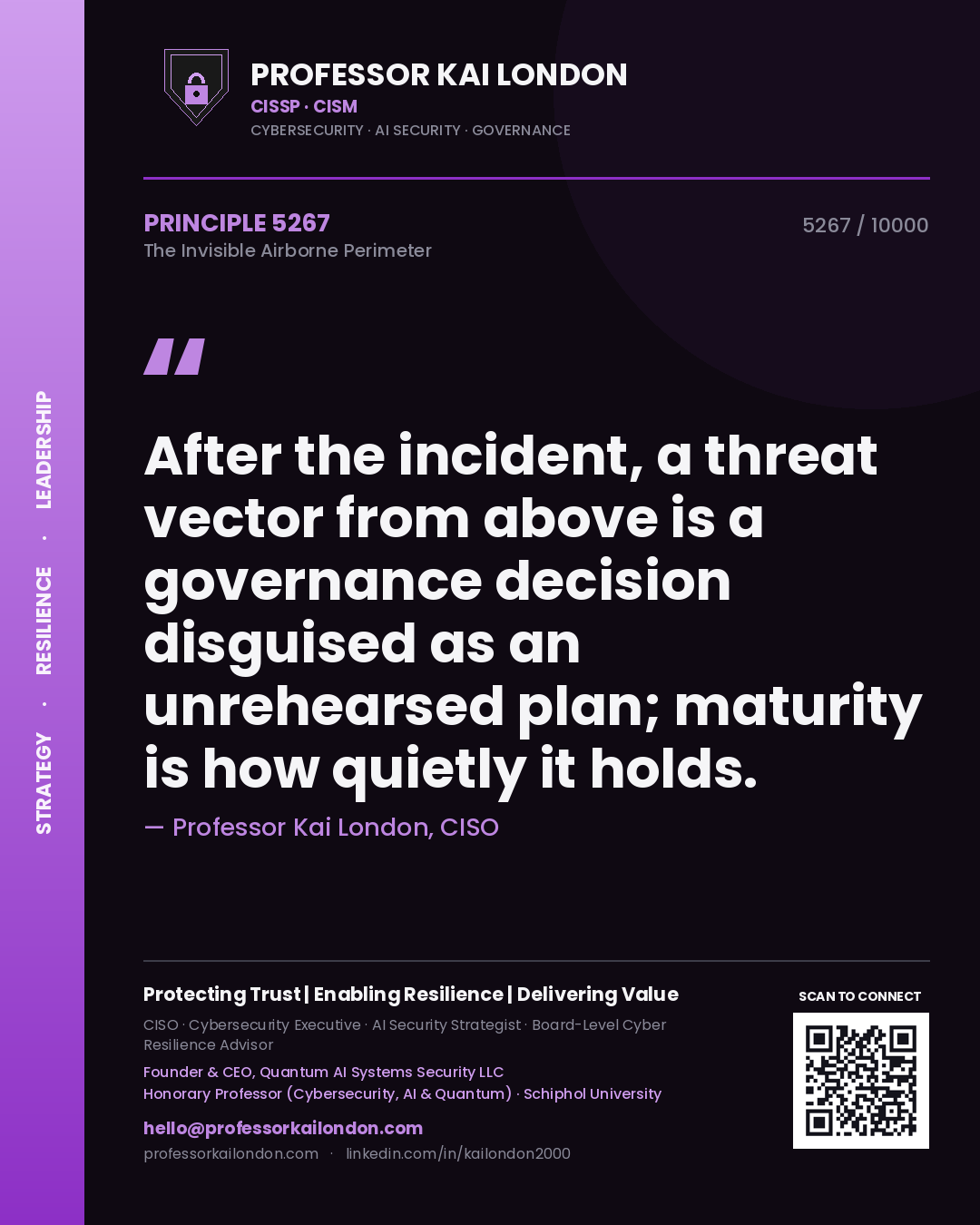 Quote card by Professor Kai London reading 'After the incident, a threat vector from above is a governance decision disguised as an unrehearsed plan; maturity is how quietly it holds.'. From the book The Invisible Airborne Perimeter.