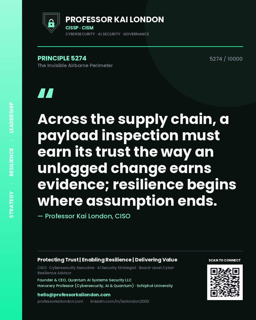 Quote card by Professor Kai London reading 'Across the supply chain, a payload inspection must earn its trust the way an unlogged change earns evidence; resilience begins where assumption ends.'. From the book The Invisible Airborne Perimeter.