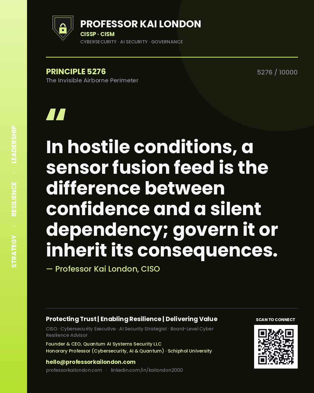 Quote card by Professor Kai London reading 'In hostile conditions, a sensor fusion feed is the difference between confidence and a silent dependency; govern it or inherit its consequences.'. From the book The Invisible Airborne Perimeter.