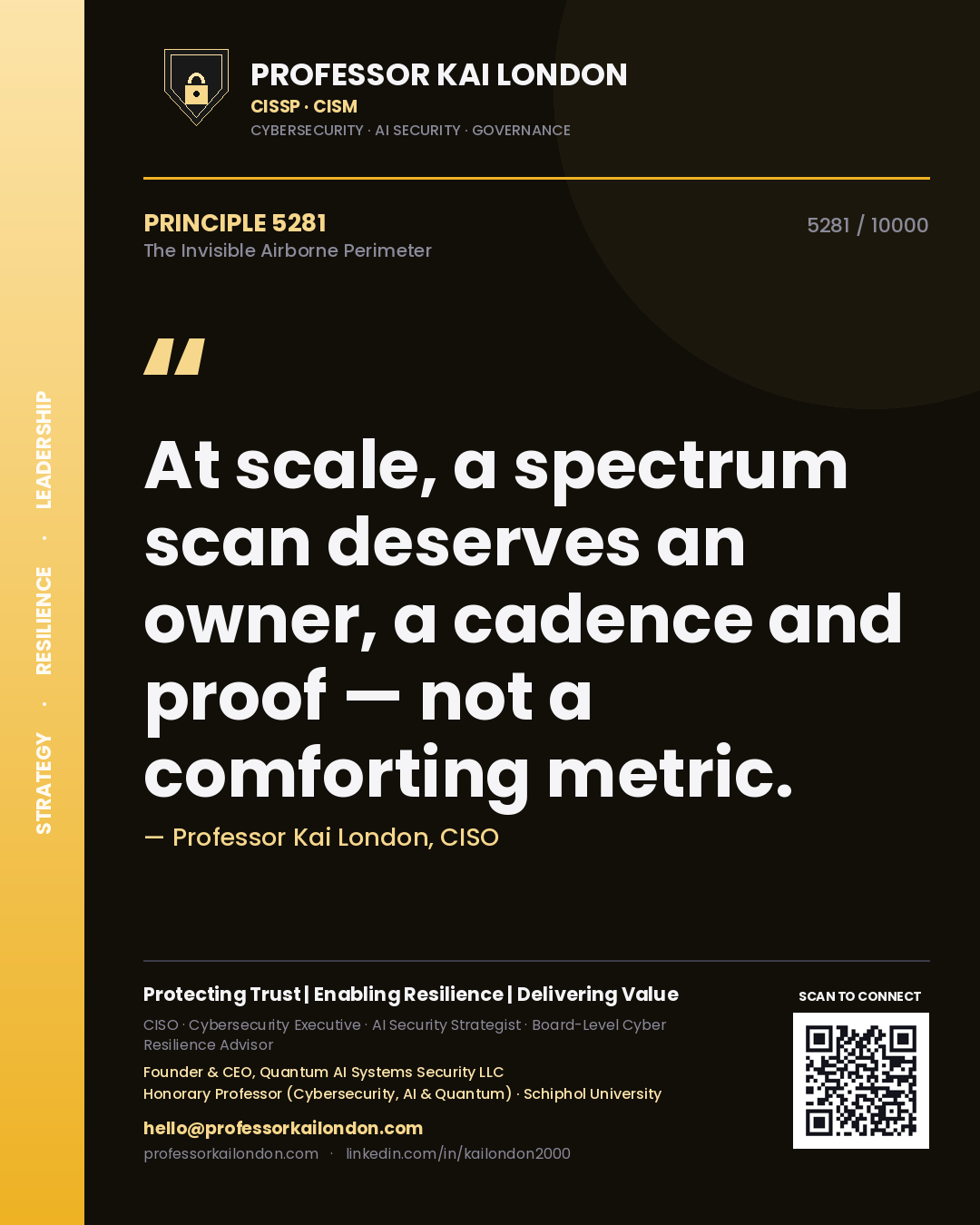 Quote card by Professor Kai London reading 'At scale, a spectrum scan deserves an owner, a cadence and proof — not a comforting metric.'. From the book The Invisible Airborne Perimeter.